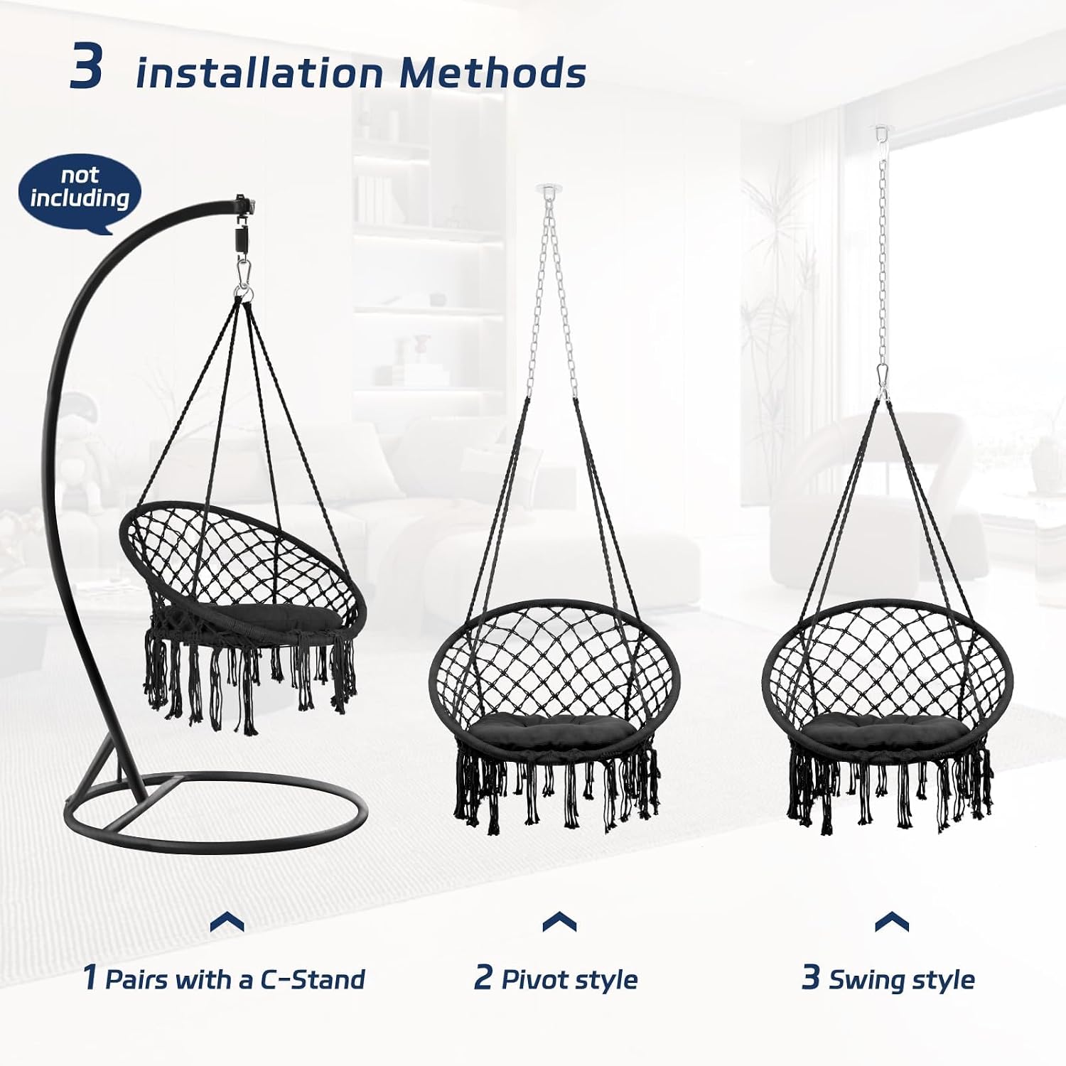 Hammock Chair, 330Lbs Swing Chair for Bedroom, Swing Chair with Comfy Cushion, Hanging Chair, for Bedroom, Porch, Adults, Balcony (Blcak 2PCS)