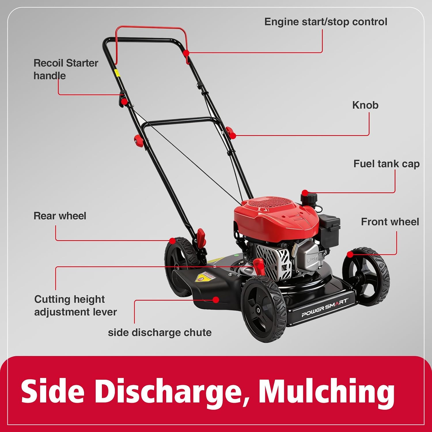 PowerSmart 18' 144CC Gas Lawn Mower, 5-Position Height Adjustment, Metal Deck, Foldable Design, Up to 1/4 Acre