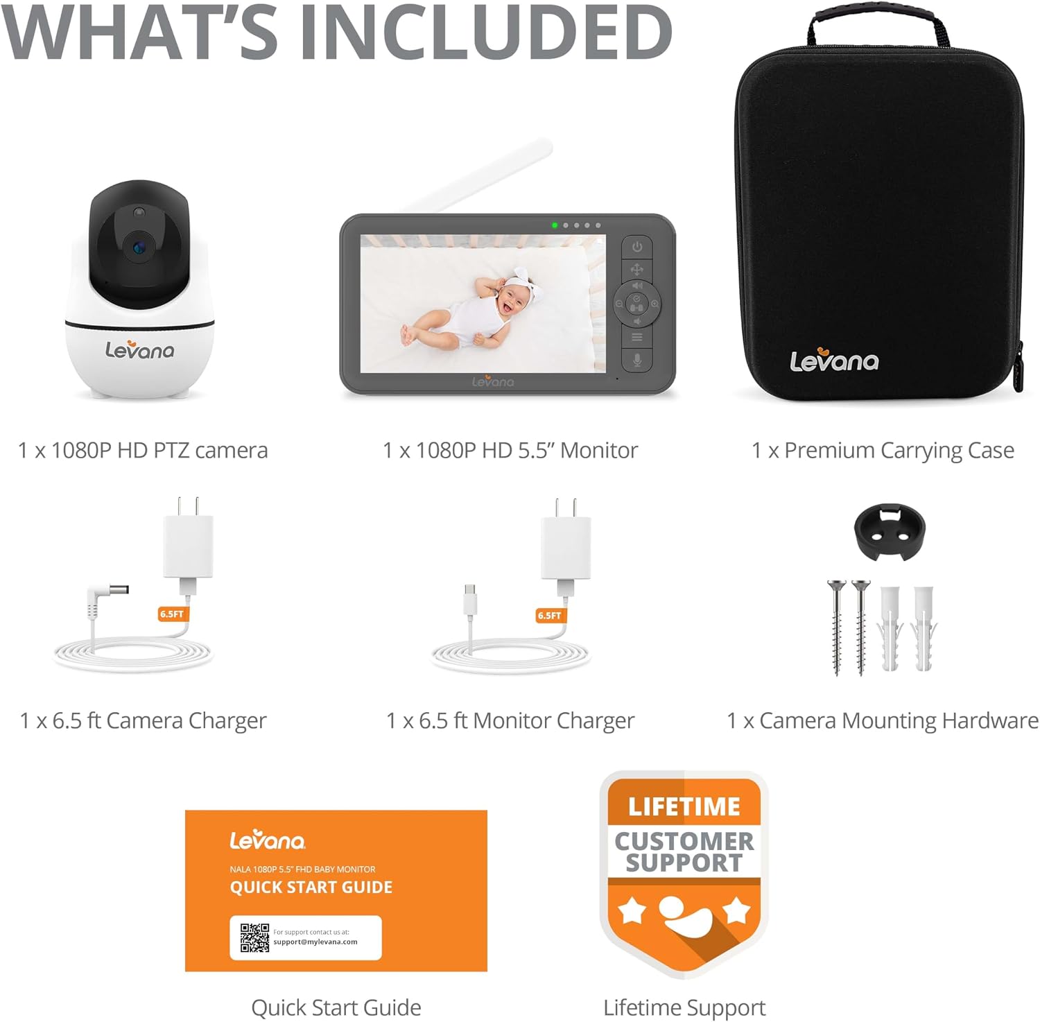Levana Nala 5.5' HD Video Baby Monitor, 1080P Night Vision PTZ Camera, 22 Hour Battery Life, 5000mAH Battery, No WiFi, Two-Way Talk, 1000ft Range, Carrying Case, 2 Year Warranty
