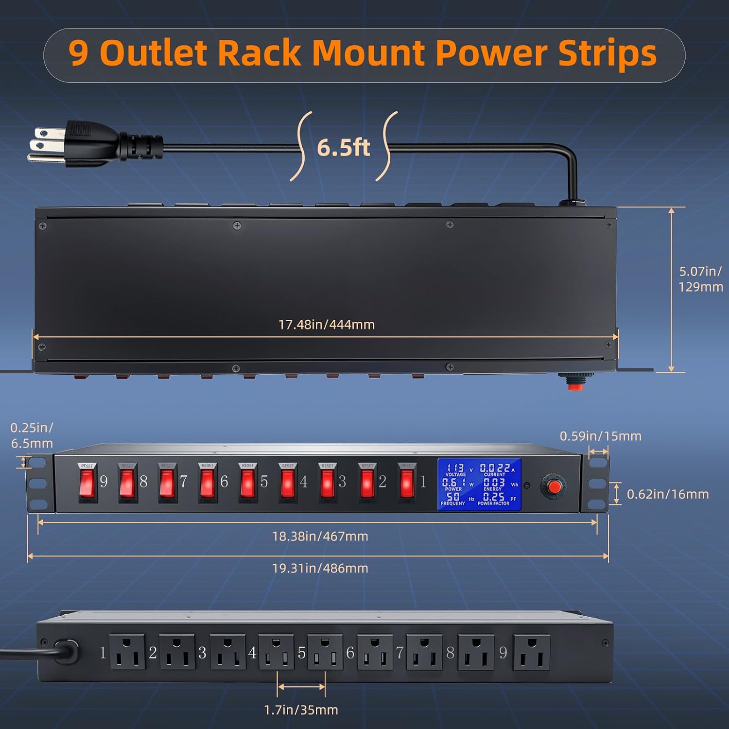 9 Outlet Rack Mount Power Strip with Individual Switches, PDU Surge Protector 15A 125V 1875W, 1U Server Rack Power Distribution Unit with Overload Protection and Power Monitoring, 6.5FT Cord