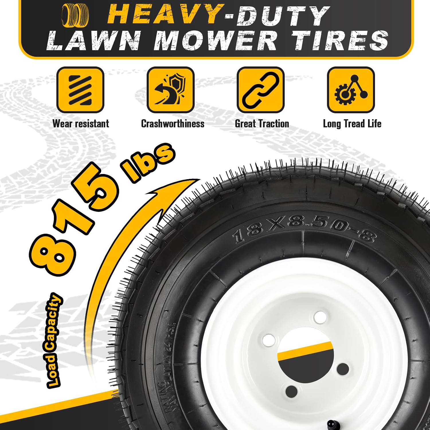2PCS 18x8.50-8 Lawn Mower Tires with Rim, 18x8.5-8 Tire and Wheel for Riding Lawn Mowers Garden Tractor Turf Tires Golf Carts, 815lbs Capacity, 4 Ply Tubeless