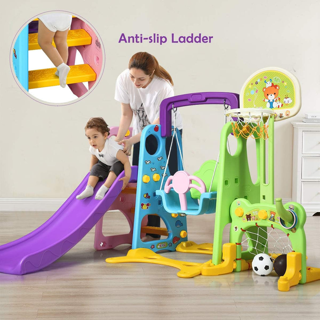 Costzon 6 in 1 Toddler Slide and Swing Set, Kids Large Climber Slide Playset with Basketball Hoop and Football Gate, Playground Swing Set for Indoor Outdoor Backyard 3-10 Gifts Presents