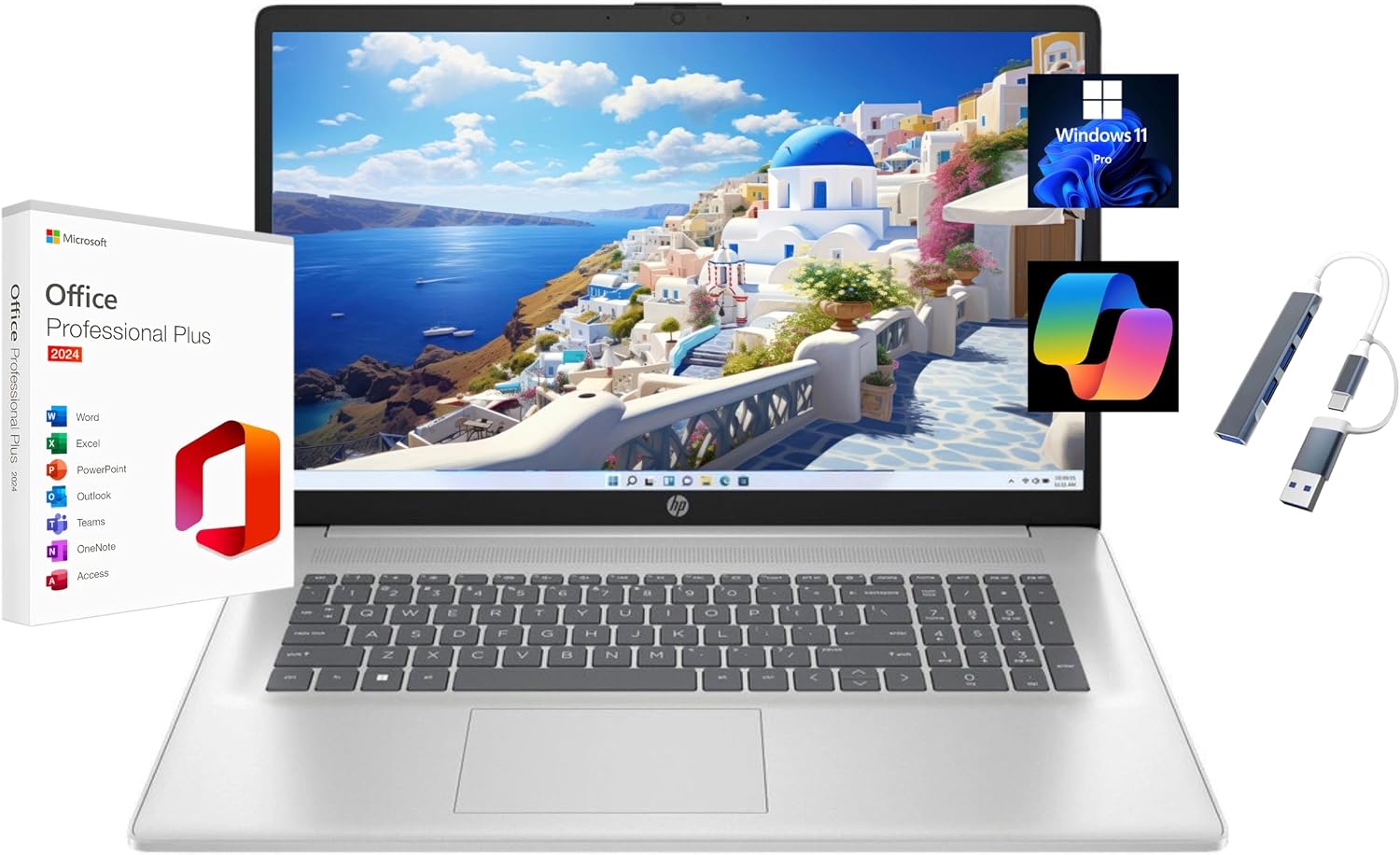 HP 17.3' Full HD Laptop, with Free Lifetime Microsoft Office 2024, AMD Ryzen 5 7520U, 8GB LPDDR5 RAM, 256GB SSD, AMD Radeon, Windows 11 Pro, Natural Silver, Wi-Fi 6, Copilot, with USB Hub