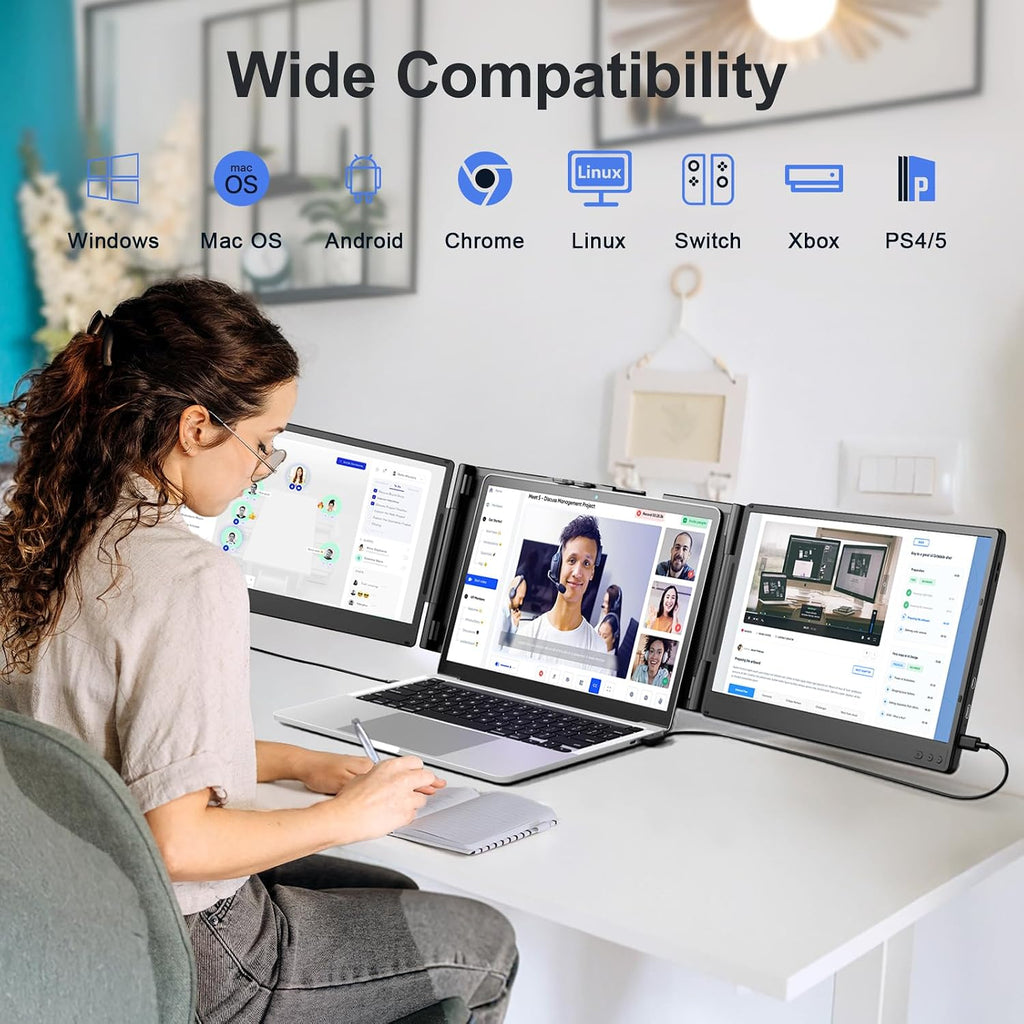 Laptop Screen Extender, 14' FHD 1080P Portable Laptop Monitor, Plug and Play Triple Screen Extender, Auto-Adjust Width Dual Monitor for 13–17' Laptops, Compatible with macOS, Wins, Chrome, Dex