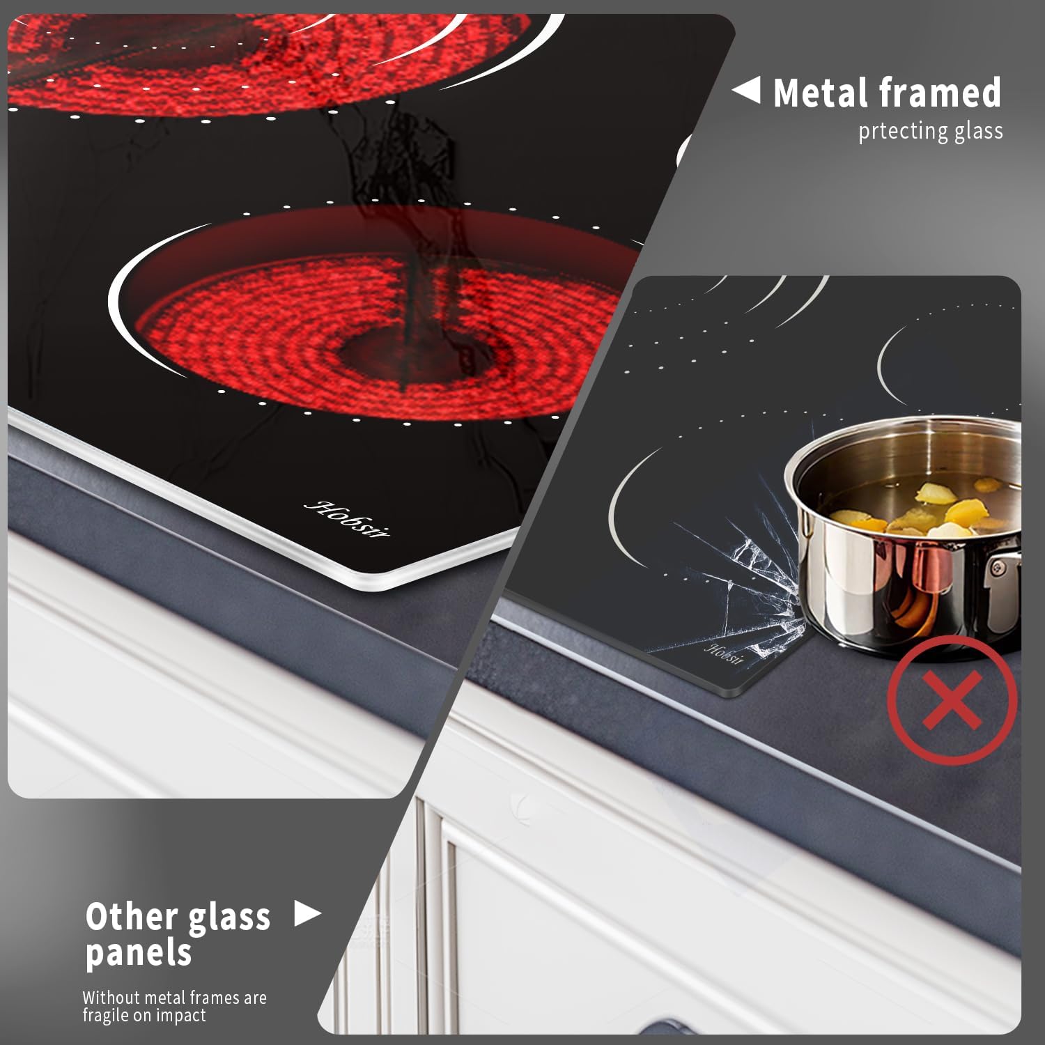 Hobsir Electric Cooktop 36 Inch, Electric Stove Top Burner, 5 Burners 36 Cooktop, 9600W Drop-in Ceramic Stove with Glass Metal Frame, Triple Ring, Flex Zone, 220-240V, Hard Wired (No Plug)