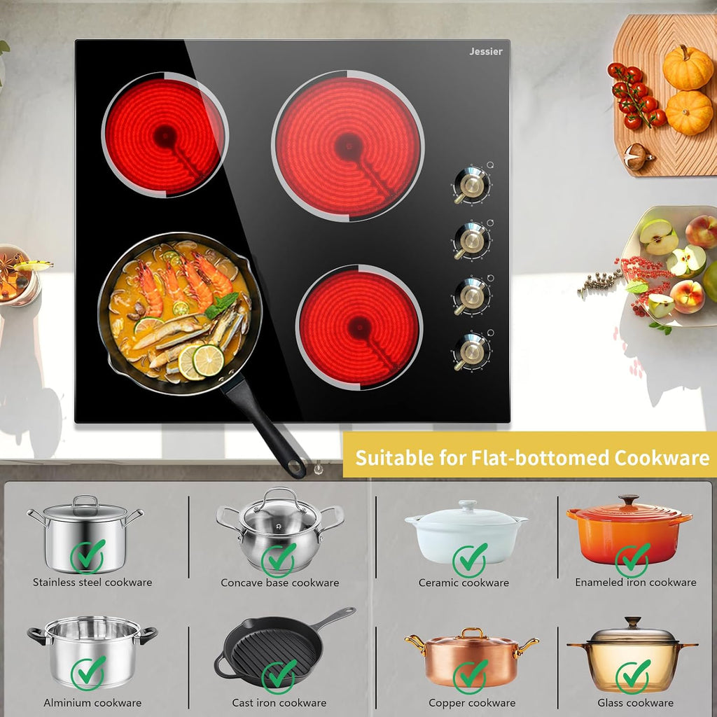 Electric Cooktop 24 Inch - 4 Burner Drop-in(22.05'x19.3') Radiant Electric Cooktop 6000W Knob Control, 220V Electrical Ceramic Stove Top, 9 Heating Levels, Residual Heat Indication (No Plug)