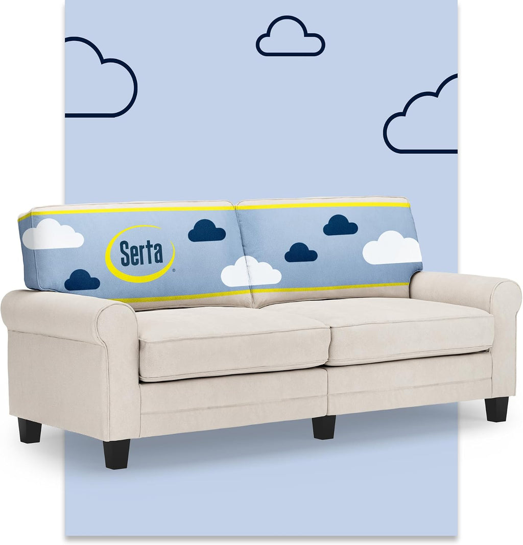 Serta Copenhagen 78' Rolled Arm Sofa, Easy Care Polyester, Soft Pillow Back, Pocket Coil Seat Cushions, Removable Covers, Loveseat or Couch for Small Spaces, Living Rooms or Bedrooms, Cream White