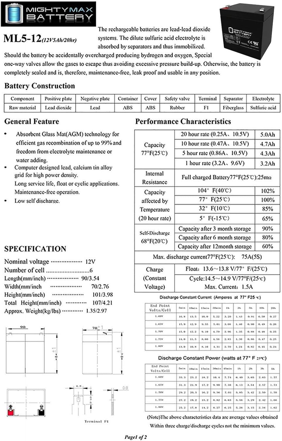 Mighty Max Battery ML5-12 - 12 Volt 5 AH, F1 Terminal, Rechargeable SLA AGM Battery (Pack of 12)