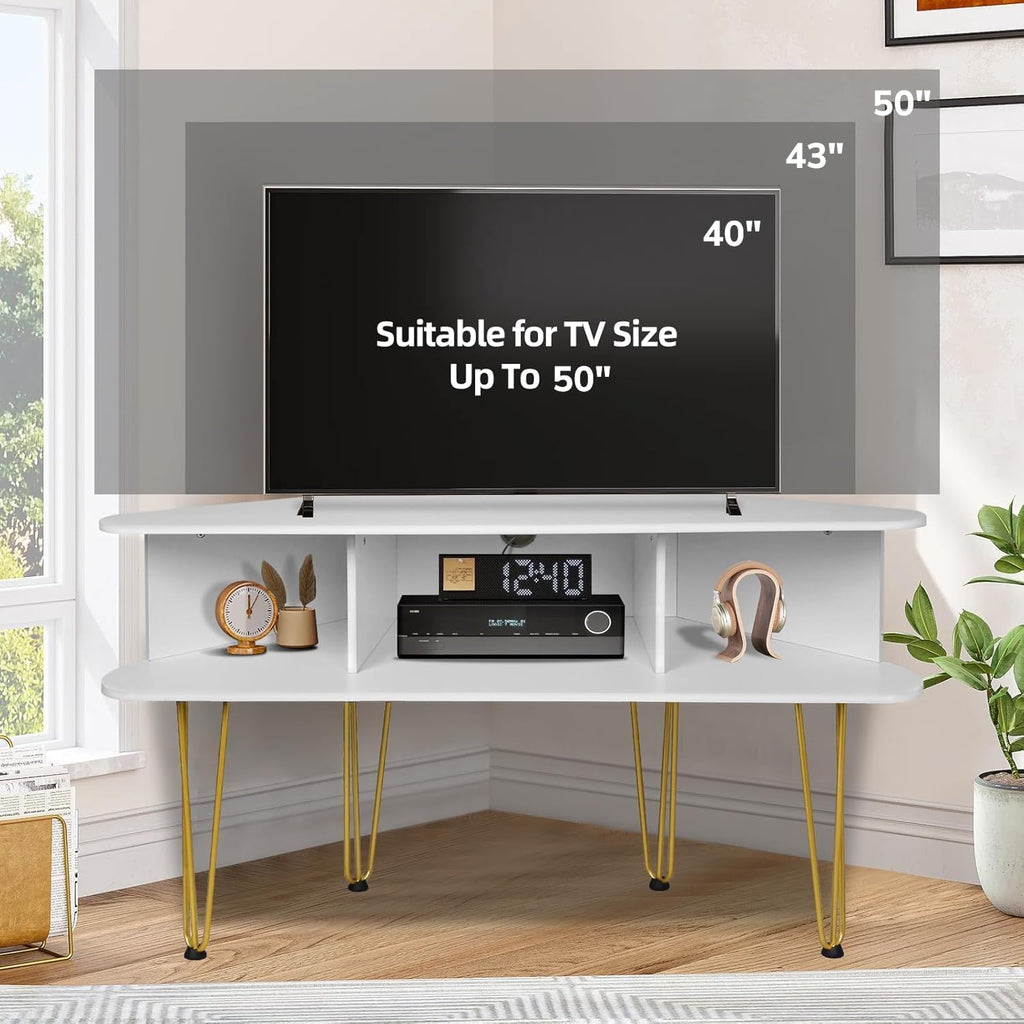 Corner TV Stand for 50 Inch TV, Entertainment Center with Storage Cabinet, Industrial Media Console Table with High Metal Feet and Anti-Slip Pads, TV Stand for Living Room, 50' TV Console, White