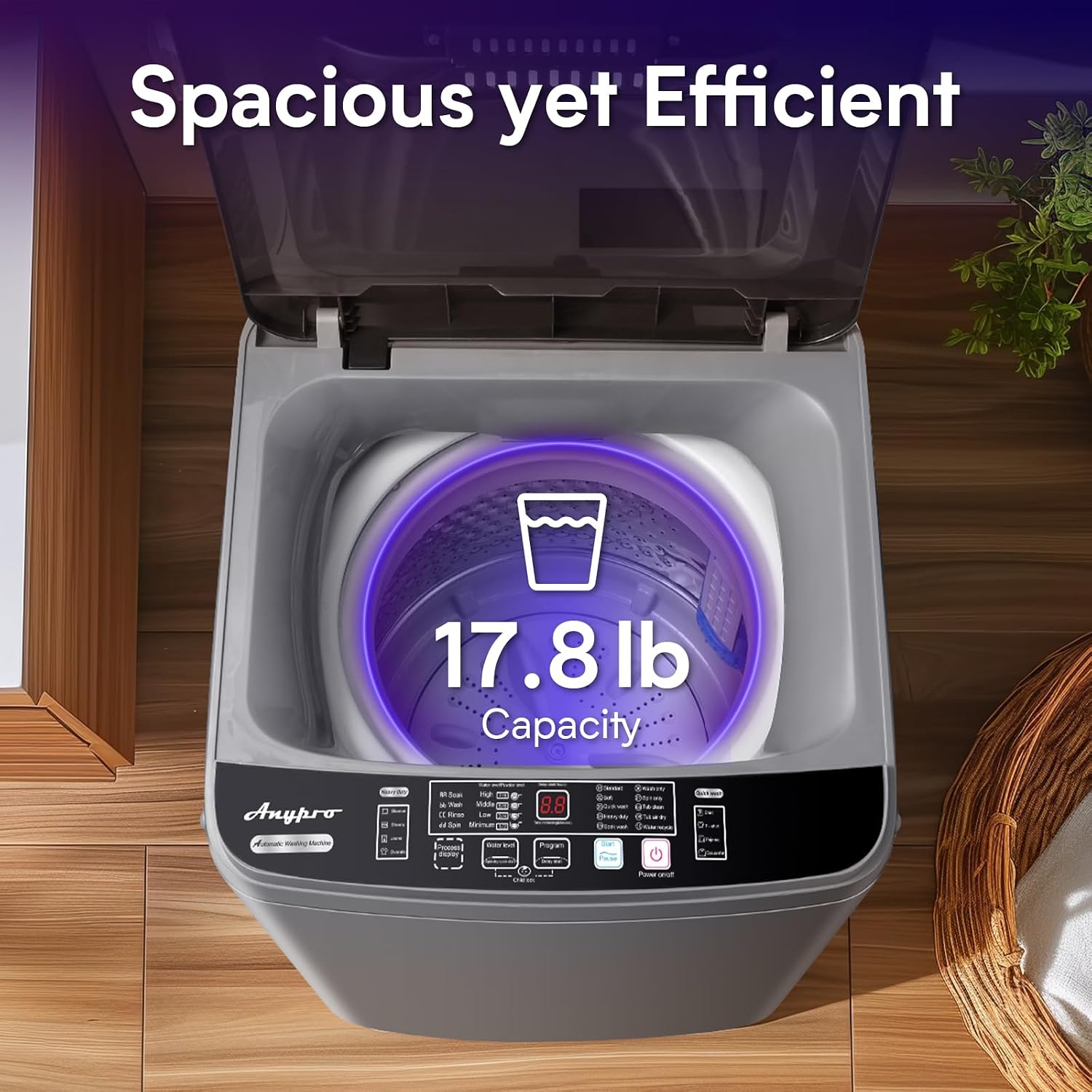 Anypro Portable Clothes Washing Machines 17.8LBS Full Automatic Washer and Spinner Combo with 10 Programs and 8 Water Levels, Compact Laundry Wash Machine for Apartment RV Dorm Home, Grey