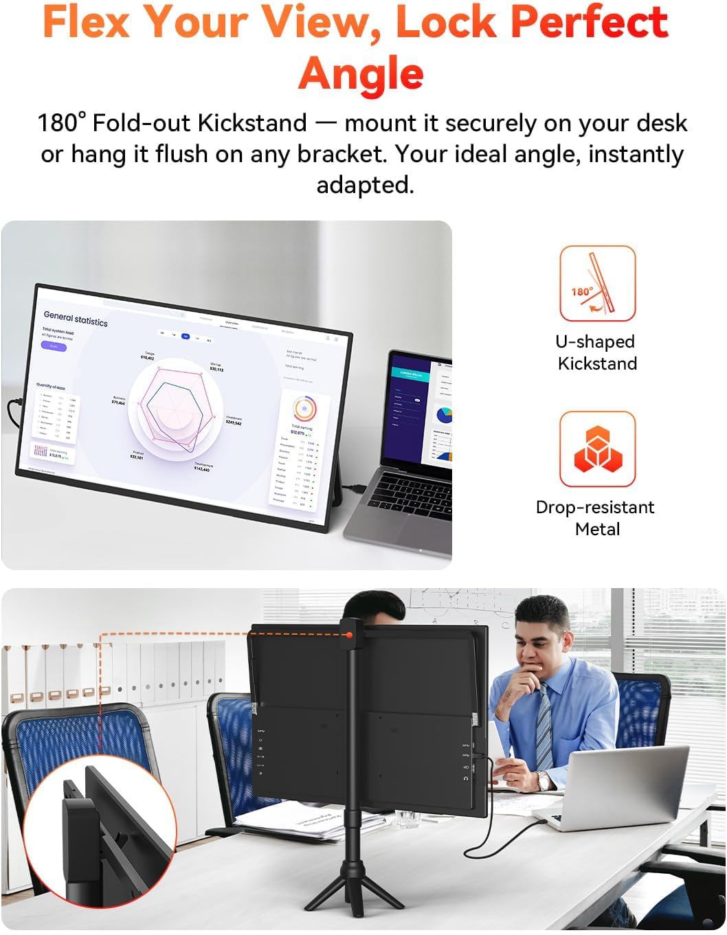 HotYeah 23.8' 100Hz Portable Monitor, 1080P FHD 100% sRGB IPS USB-C HDMI Large External Monitor, Home Gaming 2nd Screen w/180° Adjustable Kickstand for MacBook, Laptop, PC, Phone, Tablet, Switch, PS5