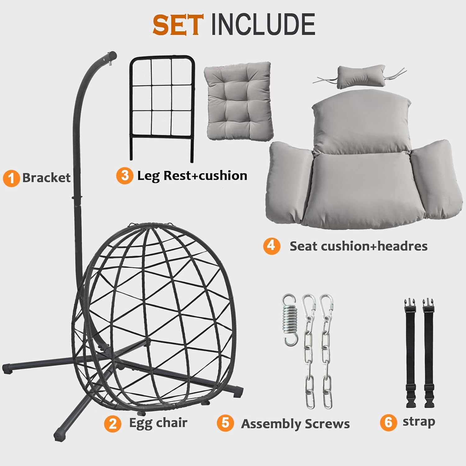 Outdoor Egg Chair with Sturdy Tripod Hammock Leg Rest and Hanging Lounge Chair Swinging Rattan Wicker Swing for Cozy Bedroom Balcony Garden Patio Porch Indoor Use (Black and Grey)