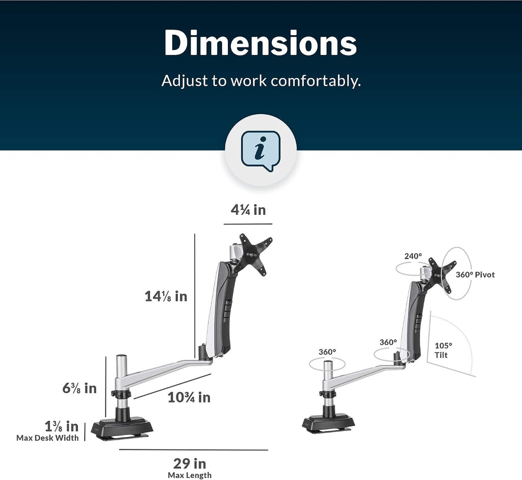 Vari Single Monitor Arm - VESA Monitor Mount w/ 360 Degree Adjustment - Monitor up to 27 inches, 19.8 lbs - Single Monitor Mount with Full Adjustability - Computer Monitor Stand for Home or Office