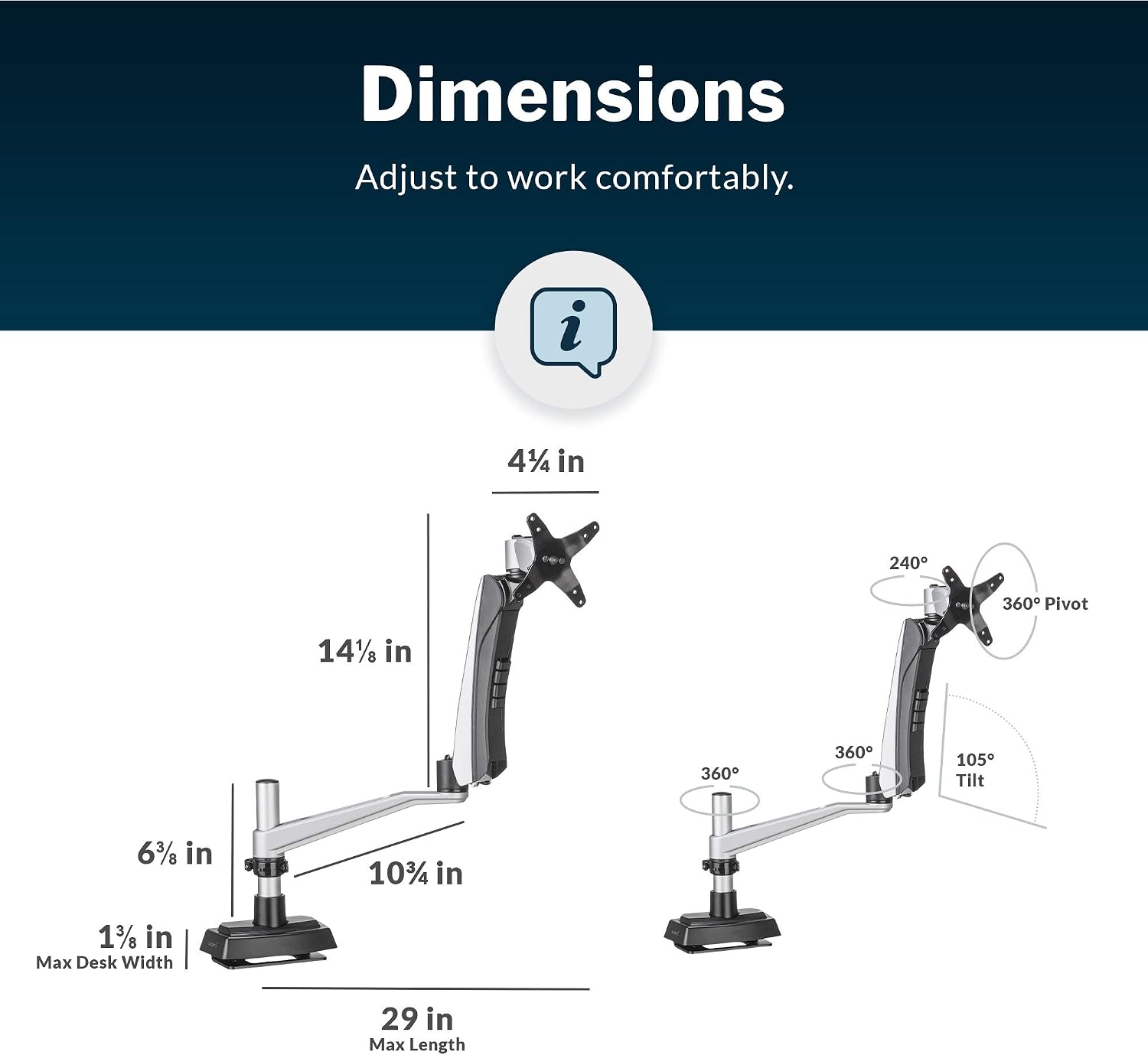 Vari Single Monitor Arm - VESA Monitor Mount w/ 360 Degree Adjustment - Monitor up to 27 inches, 19.8 lbs - Single Monitor Mount with Full Adjustability - Computer Monitor Stand for Home or Office