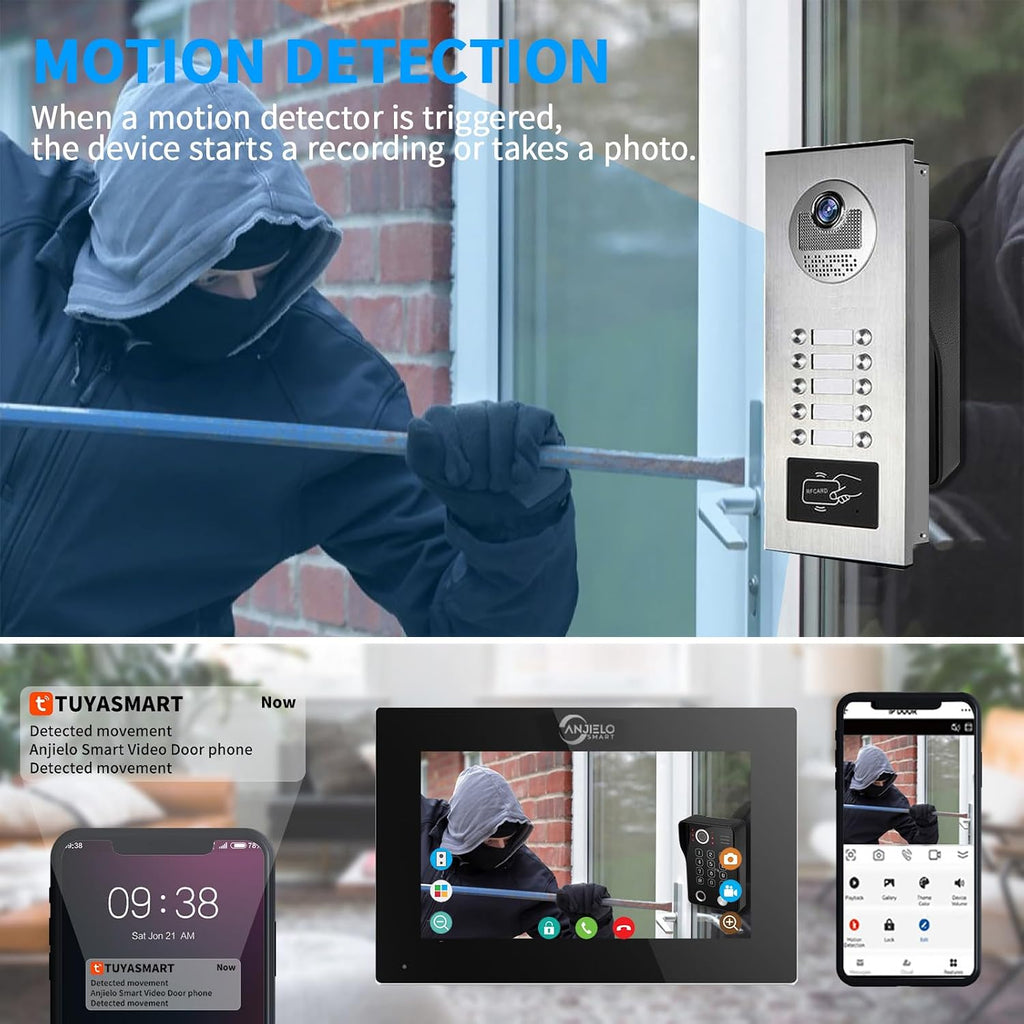 Wired Apartment Video Intercom System,1080P HD Video Doorbell, Compatible with 10 Units 7-inch Touchscreen,Supports Motion Detection,Two-Way Audio,Tuya Smart Home