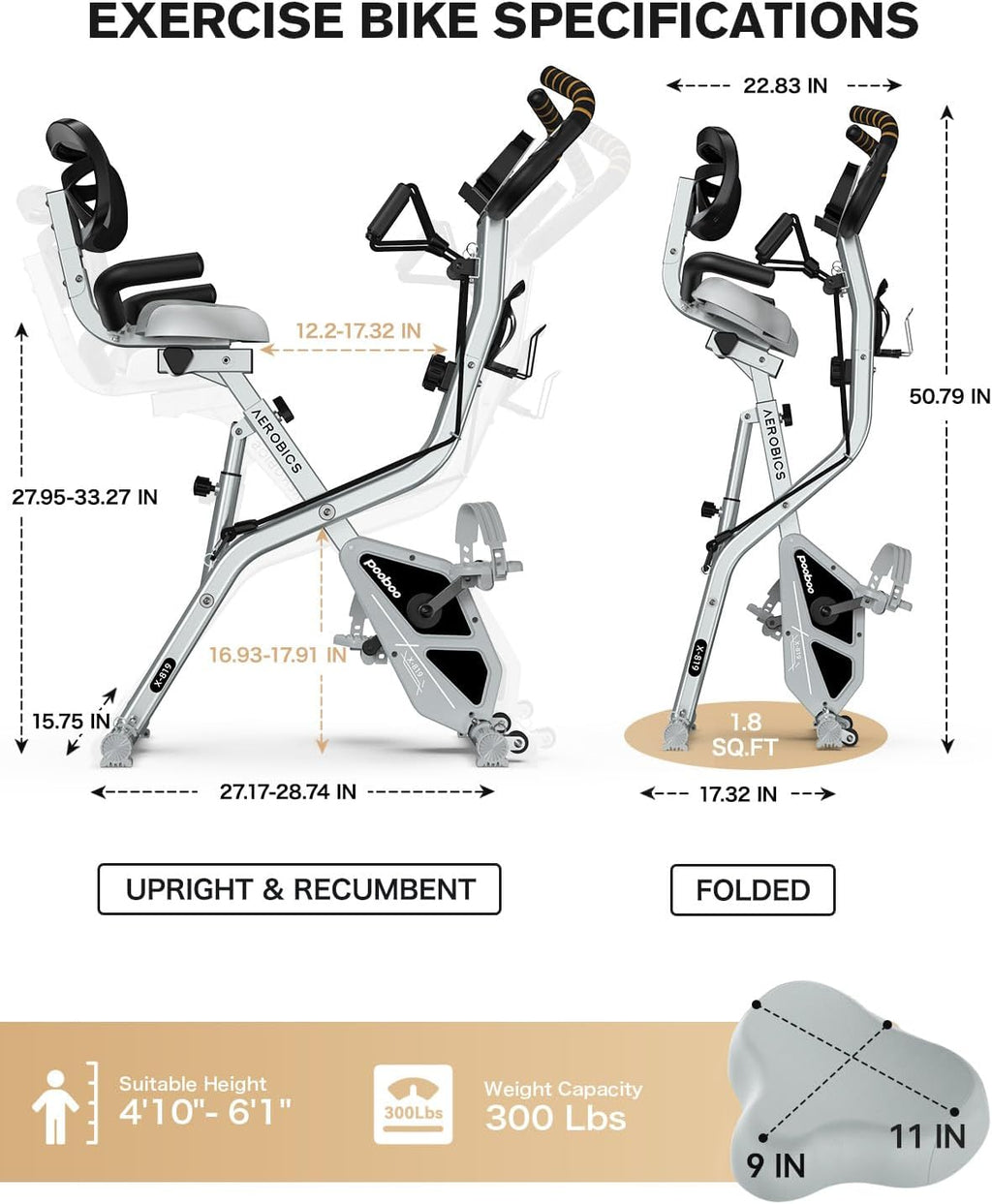 pooboo Folding Exercise Bike, Foldable Upright Stationary Bike, Indoor Cycling Magnetic X-Bike with 8-Level Adjustable Resistance, 6.6 LBS Flywheel, 300LB Capacity, Back Support Cushion for Home Gym