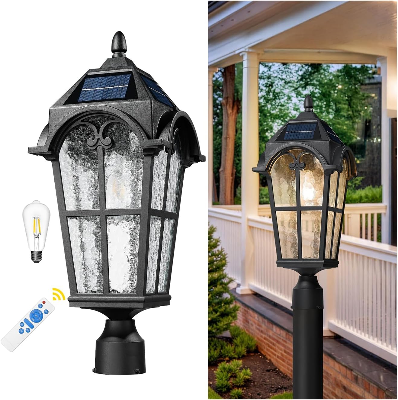 Emliviar Outdoor Solar Lamp Post Light in Black Finish, 22.1' Large Outdoor Lighting with Water Grain Glass Shade for Patio, Vintage Post Lantern LED Bulb Included with Remote Control, YXE302MP-SL BK