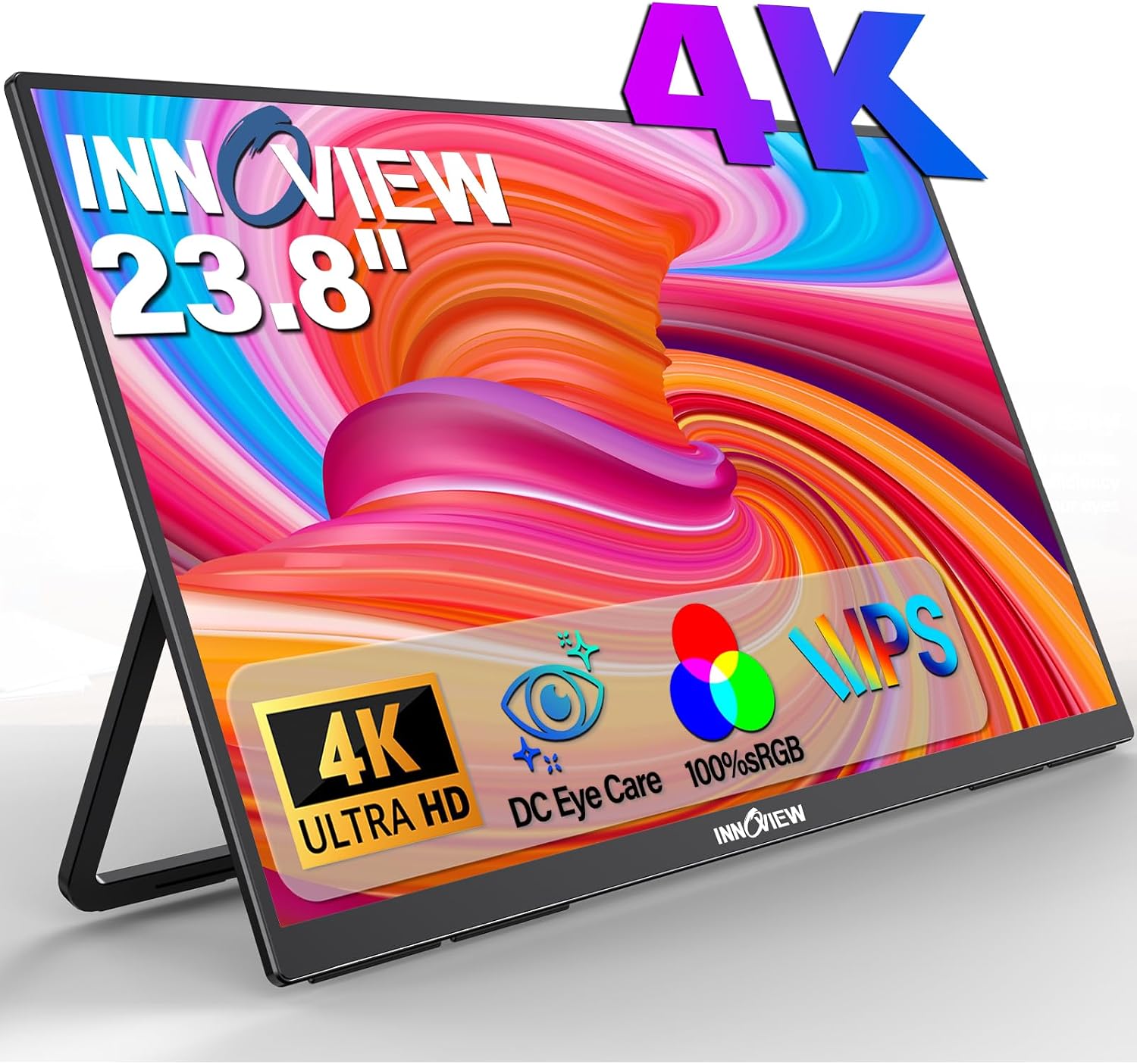 Innoview 23.8' 4K Large Portable Monitor, UHD (3840*2160) 100%sRGB IPS Speakers USB-C HDMI Work Home Second Monitor W/180°Adjustable Stand for Laptop, Desktop, Macbook, Phones, Tablet, PS5/4, Switch