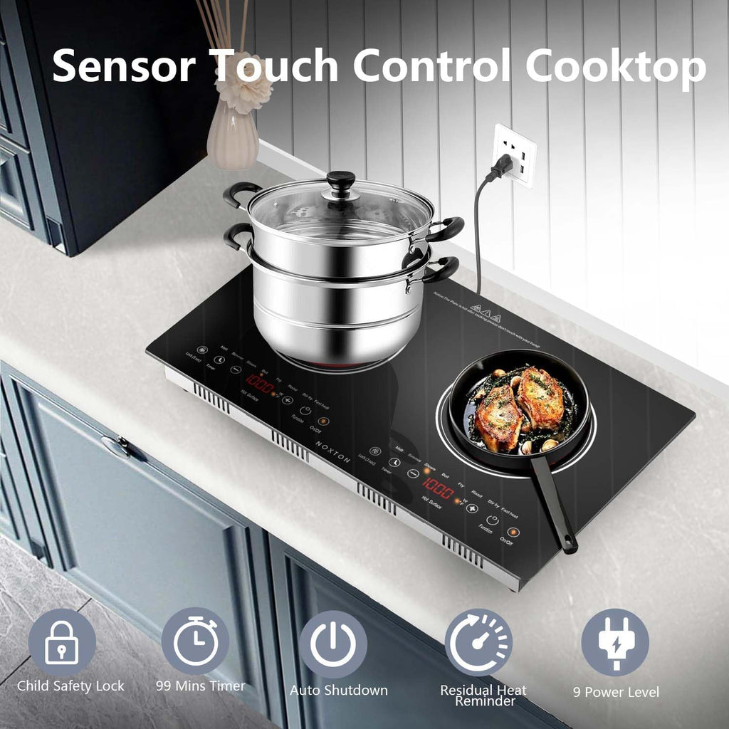 Noxton 2 Burners Electric Cooktop, 24' Built-in & Countertop Stove, Two Burner Ceramic Cooktop with Child Safety Lock, Timer, Touch Sensor Control, Portable 110V Plug-in Cooktop