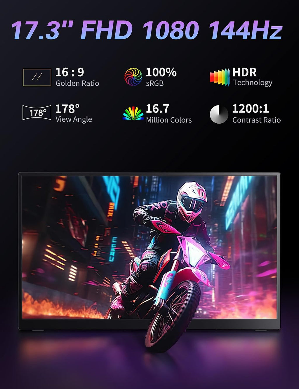 CAPERAVE Portable Monitor 17.3' 144Hz, FHD 100% sRGB HDR Portable Gaming Monitor, Travel Monitor with Kickstand & Speakers, USB-C HDMI External Screen for Laptop Mac Xbox Switch PS5/4
