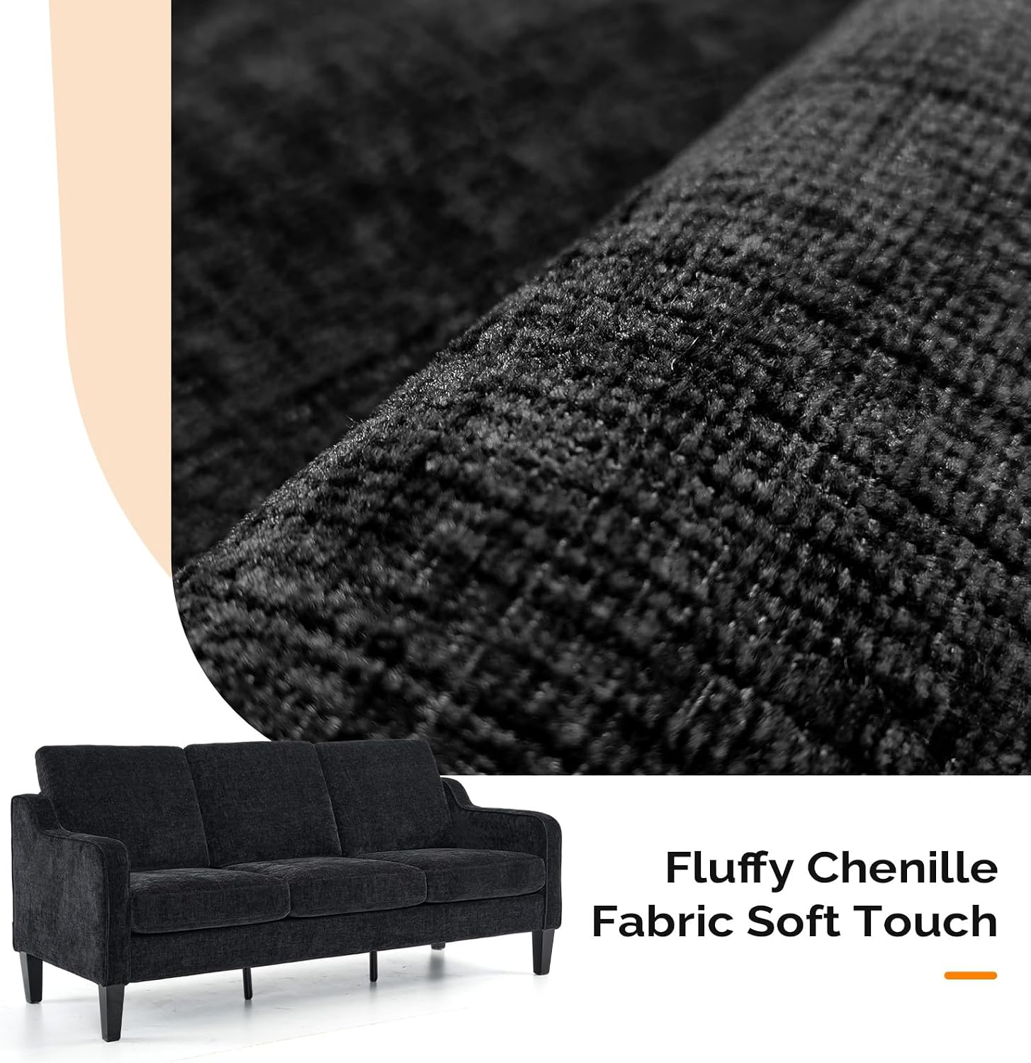 VINGLI Black Couches for Living Room, 71' Small Couch Comfy 3 Seater Upholstered Chenille Sofa Mid-Century Modern Floor Sofas for Small Spaces, Bedroom, Apartment, Lounge, Office