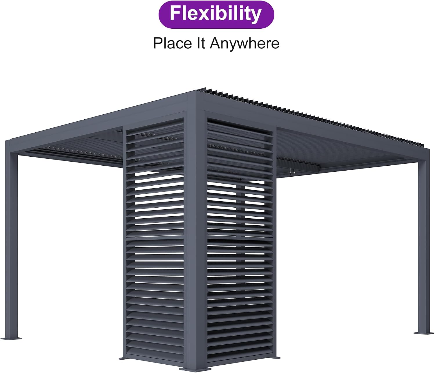 PURPLE LEAF Louvered Pergola 94AS 11' x 14' Outdoor Aluminum Pergola with Fixed Shutter Wall Adjustable Roof for Deck Backyard Grey Hardtop Gazebo, 1 Short Side