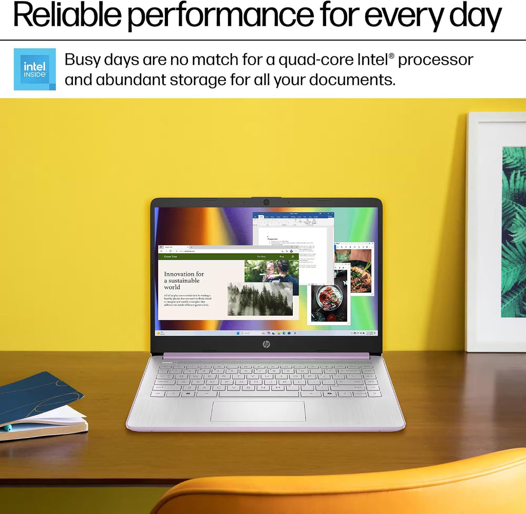 HP 14 Laptop Computer 2025 Ultra Light, AI Copilot Student Business, Quad-Core Intel, 16GB RAM, 628GB Storage (128GB UFS+ 500GB Ext), 1 Yr Office 365, 12 Hr Battery MarxsolAccessory Win 11S, Lavender