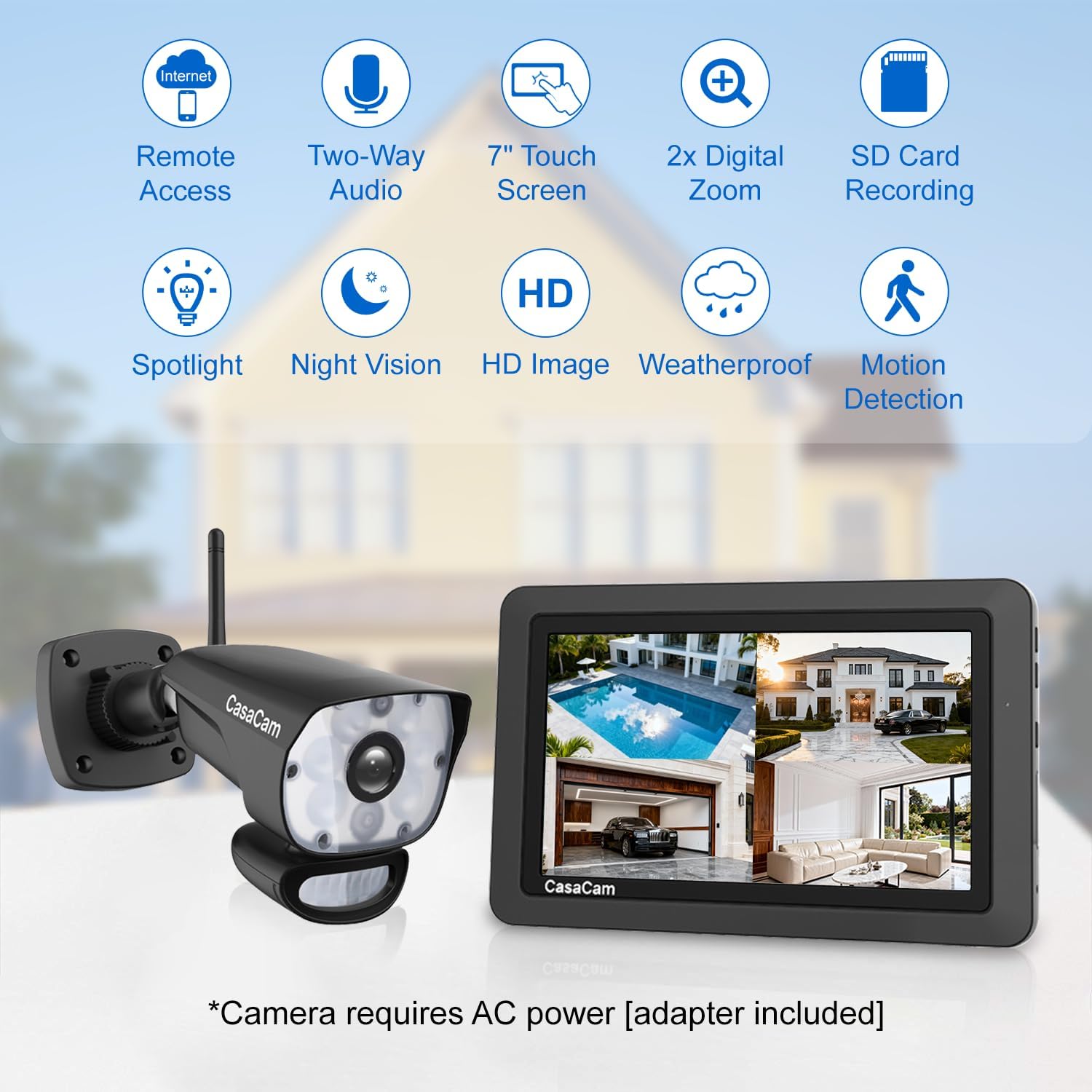 CasaCam GuardianCam Air | 7' Touchscreen Monitor with 2 Spotlight HD Cameras | Wireless Security Camera System, AC Powered, Two-Way Audio, Free APP, SD Card and Battery Installed, Model VS1002