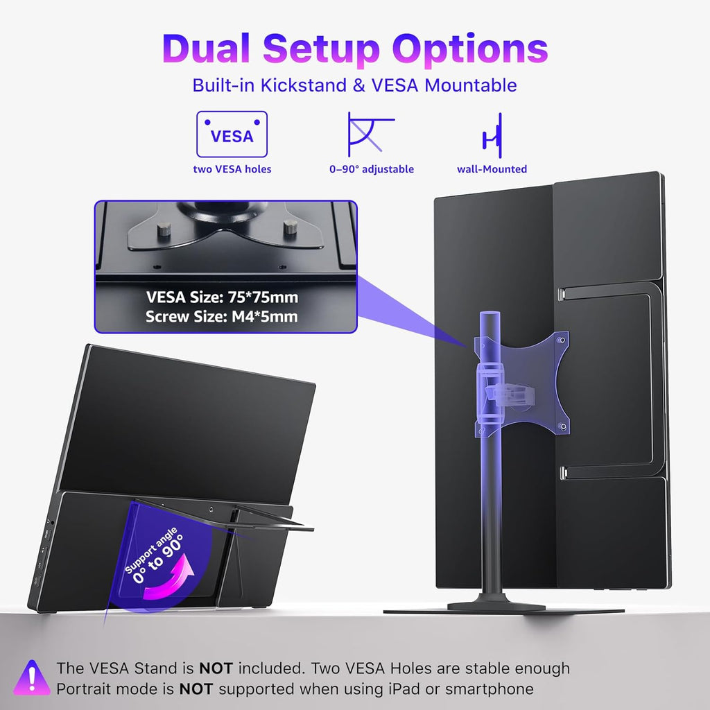 VisionOwl Portable Monitor for Laptop, IPS USB-C HDMI Travel Second Monitor for MacBook Pro Air, PC, PS5, Xbox, Portable Second Screen, Built-in Kickstand, Speakers, VESA Mountable, 15.6 Inch