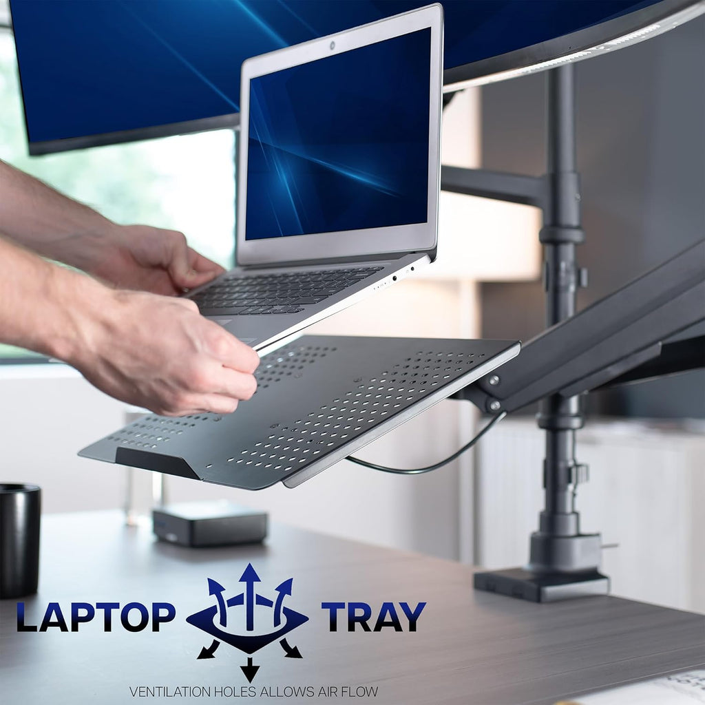 VIVO Pneumatic Arm Ultrawide Monitor Extra Tall Desk Mount for Up to 49 inch Screens and Laptop Tray for Up to 17 inch Notebooks, Holds Ultra-Wides Up to 44 lbs, Black, STAND-V120K-L