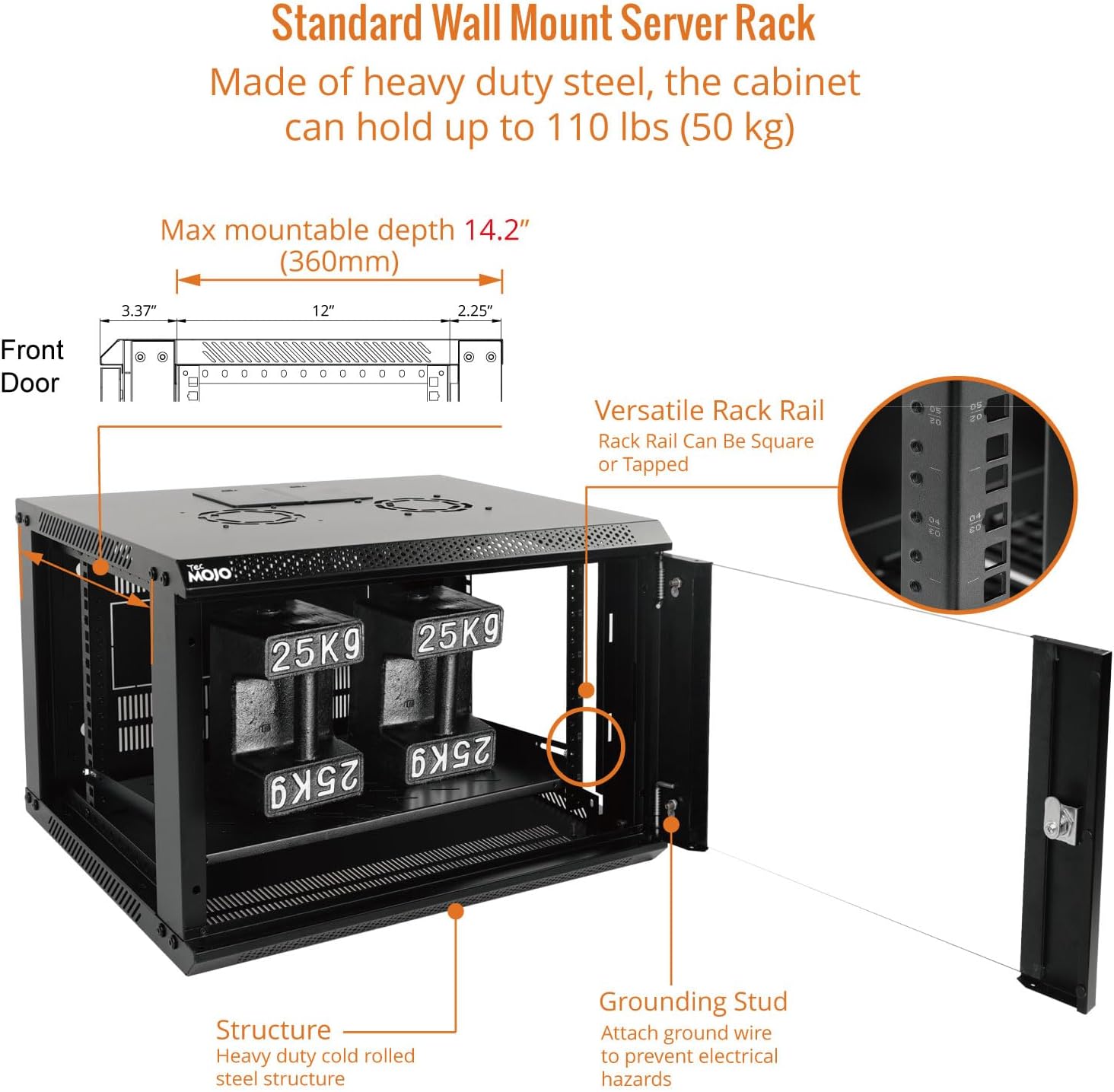 Tecmojo 6U Wall Mount Server Cabinet IT Network Rack Enclosure Lockable Door and Side Panels Black, Cooling Fan, Standard Glass Door, 450mm Depth, for 19' IT Equipment, A/V Devices