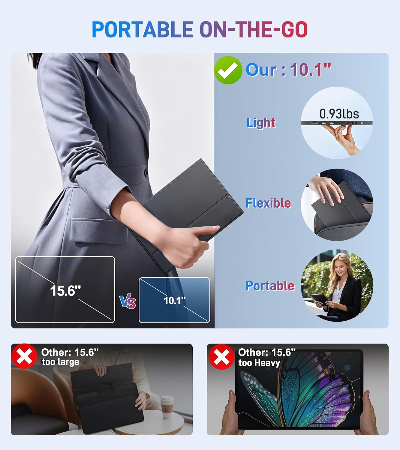 10.1 Portable Touchscreen Monitor - 1920×1200 FHD IPS 16:10,100% sRGB 1500:1,10-Point Touch Diaplay with Speaker HDMI USB-C VESA Magnetic Case for Travel Mac PC Xbox PS4/5 Loptop Phone(dark black)