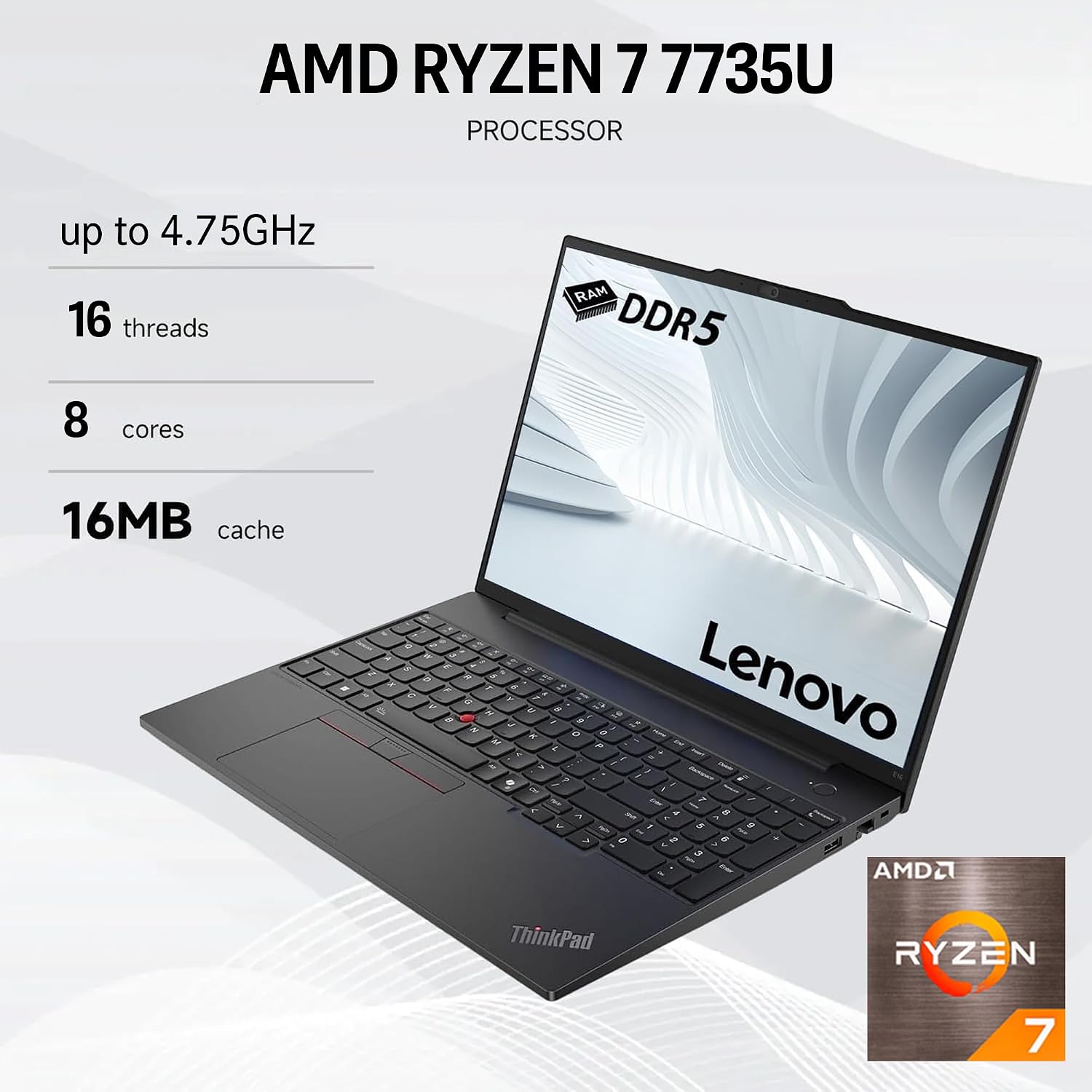 Lenovo ThinkPad E16 Gen 2, 16' FHD+ Touchscreen AI Business Laptop, AMD Ryzen 7 7735U, 16GB DDR5 RAM, 512GB SSD, Fingerprint, Backlit Keyboard, Webcam, Wi-Fi 6E, HDMI, Windows 11 Pro, Black