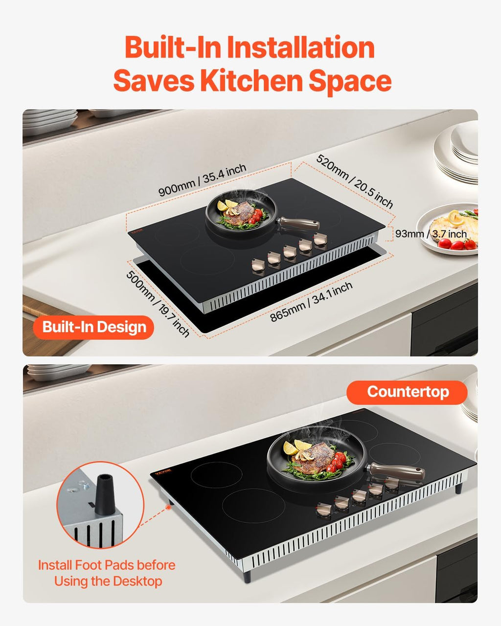 VEVOR SK-92IHA36CK04 9200W Electric Countertop Burner Knob Control Stove, Built-in Induction Cooktop with 12 Temperature Settings, Glass Surface, Auto Shut-Off, 36in 5 Burners/220V, Black