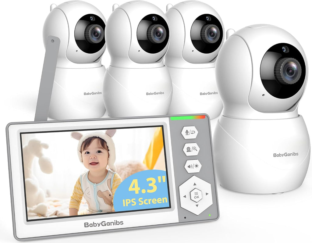 Baby Monitor with 4 Cameras Standby for 23-Hour Battery, Remote Control 4.3'' IPS Video Baby Monitor No WiFi Up to 1000ft Range, ECO, Night Vision, Temperature, 2-Way Talk, 8 Lullabies