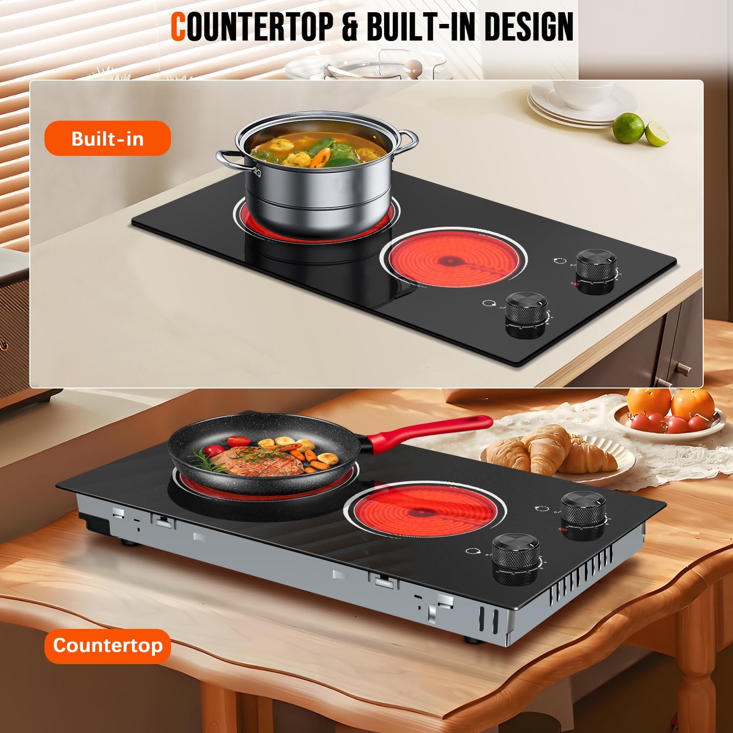 2 Burner Electric Cooktop 110V, 12 Inch Electric Cook Top Plug in, 2000W Electrics Stove with Knob Control, Countertop & Built-in Ceramic Stovetop, 9 Heating Level, Residual Heat Indicator