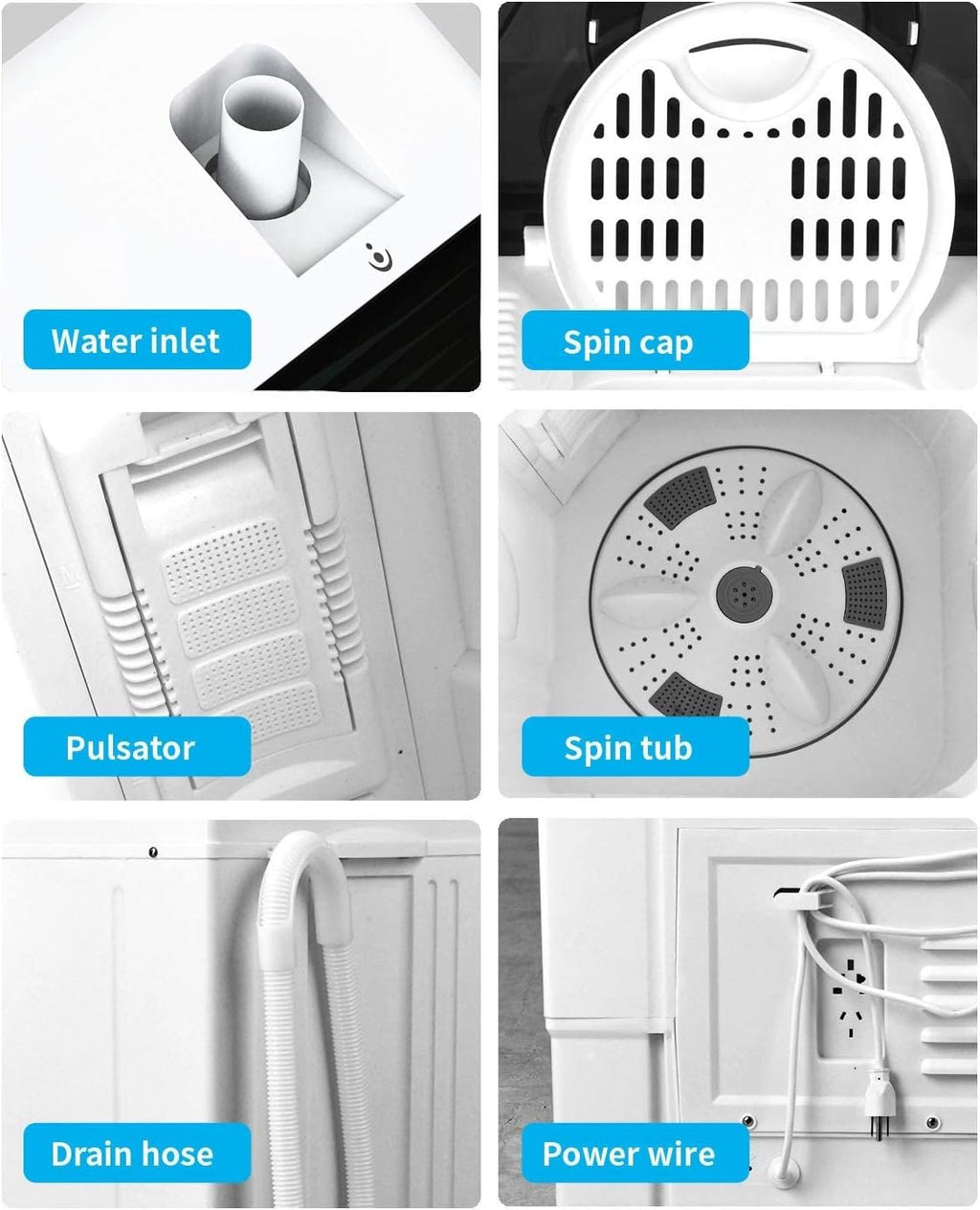 Compact Twin Tub Portable Mini Washing Machine 26lbs Capacity, Washer(18lbs)&Spiner(8lbs)/Built-in Drain Pump/Semi-Automatic (White&Black)