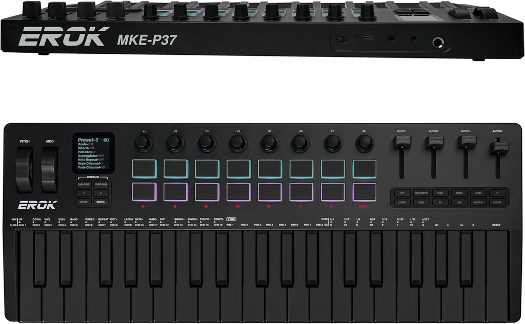 EROK 37 Keys MIDI Keyboard Controller with 3.5mm MIDI Output, 16 Backlit Drum Pads, 8 Knobs, DAW Integration & Arpeggiator, Music Production Equipment and Studio Controller (Dark)