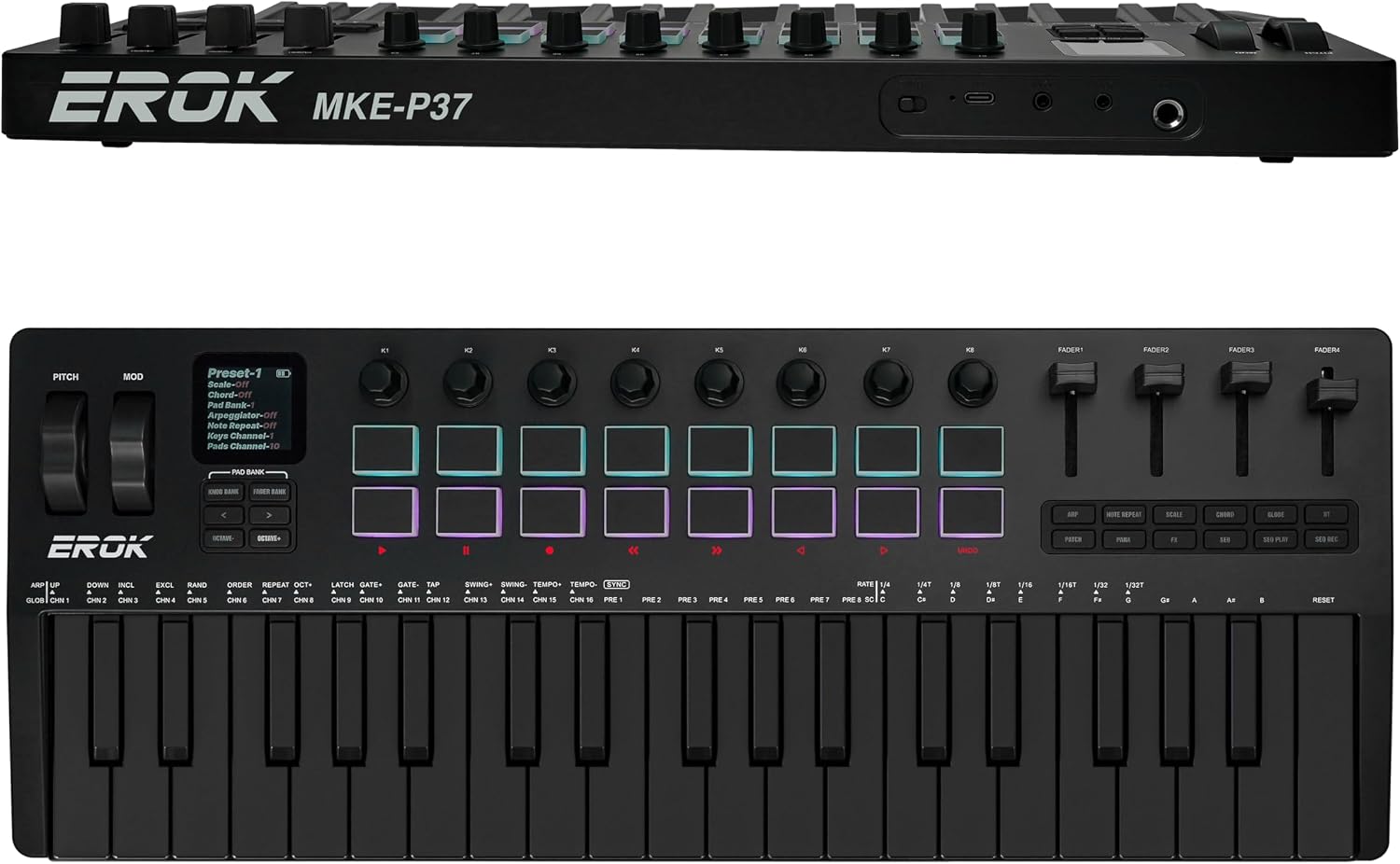 EROK 37 Keys MIDI Keyboard Controller with 3.5mm MIDI Output, 16 Backlit Drum Pads, 8 Knobs, DAW Integration & Arpeggiator, Music Production Equipment and Studio Controller (Dark)