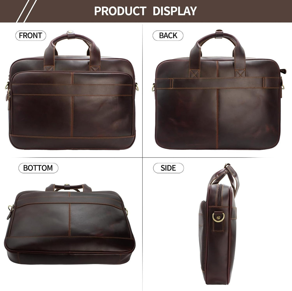 Jack&Chris Full Grain Leather Briefcase for Men, Business Messenger Bag Laptop Bag Attache Case, Fits 15.6 Inch Laptop