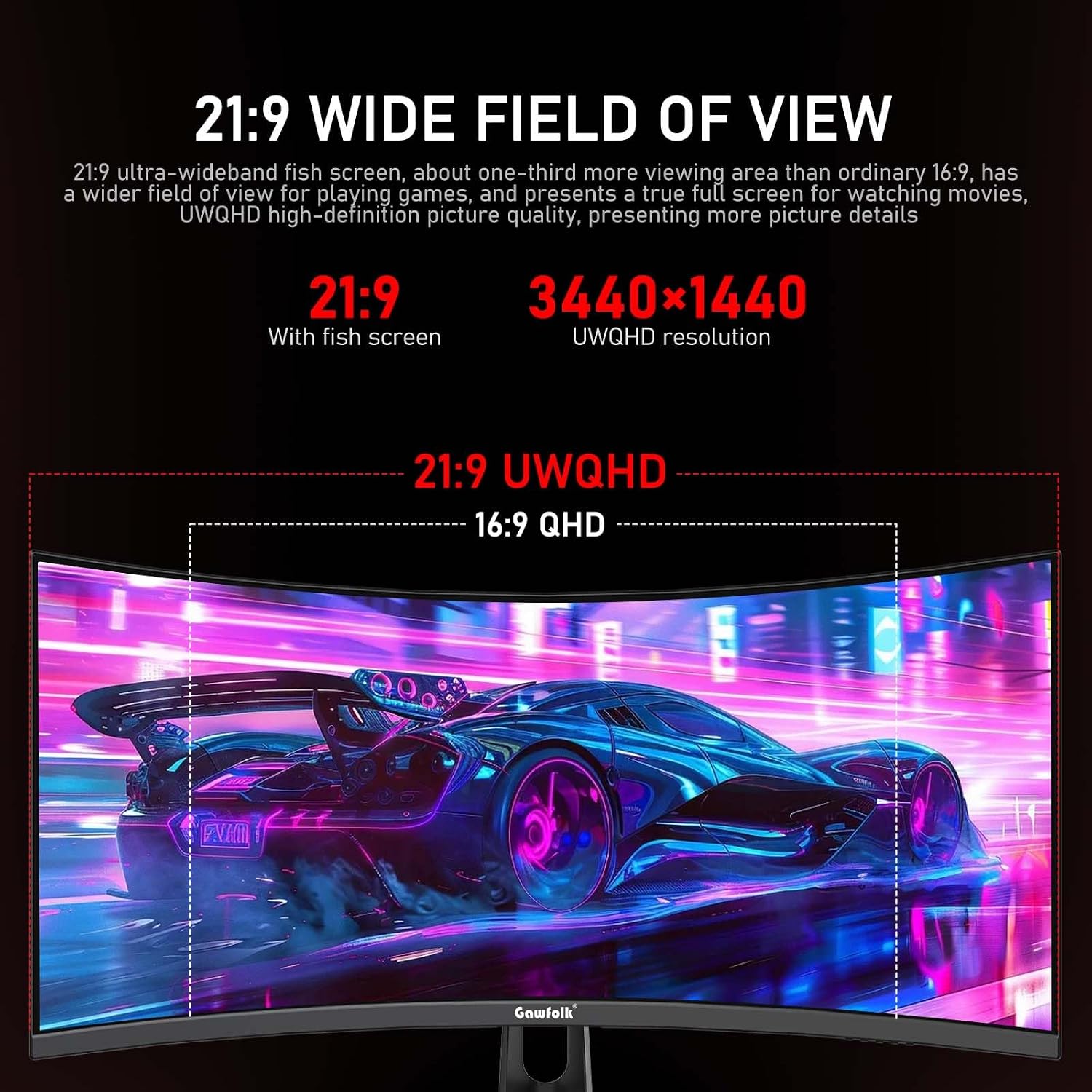 Gawfolk 34 Inch Ultrawide Curved 200Hz Gaming Computer Monitor,1500R PC Screen 21:9 UWQHD (3440x1440),120% sRGB,Adaptive Sync,Built-in Speaker,Display Port、HDMI,Compatible with Wall mounting -Black