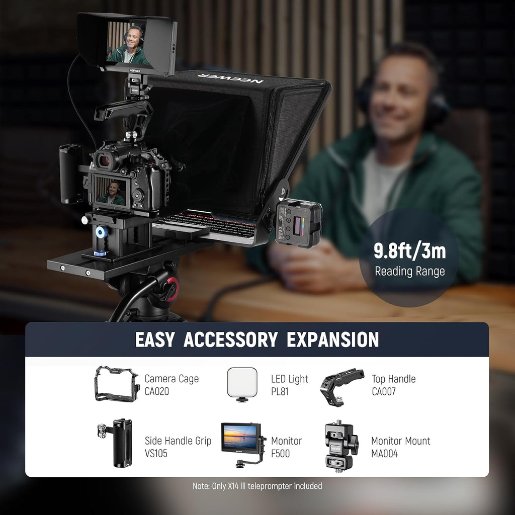 Neewer Teleprompter X14 III with RT113 Remote/App Control, 45° Tilt 14' Beamsplitter All Metal Frame Upgraded Camera Mount QR Plate Compatible with Manfrotto 501PL for iPhone iPad DSLR, Assembly Free