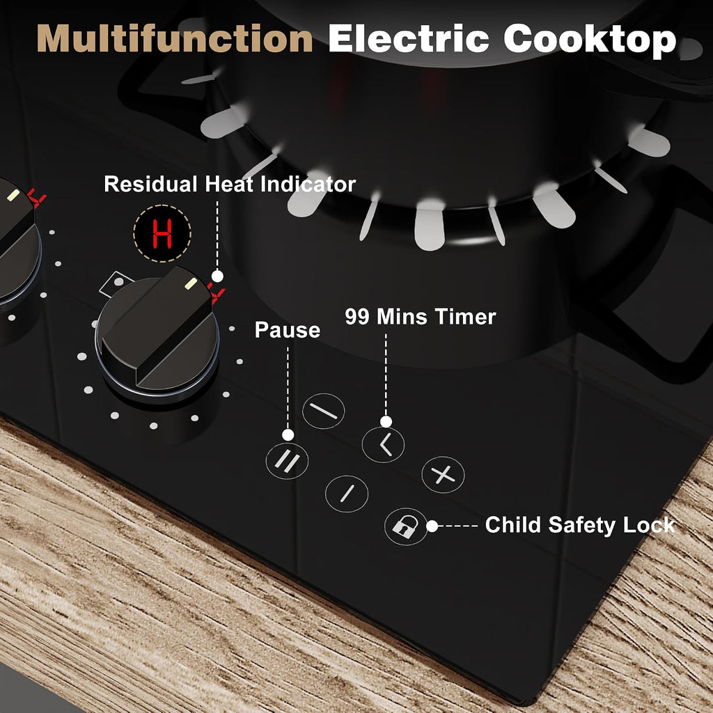 Karinear 110V Electric Cooktop 2 Burners, 12 Inch Electric Stove with Plug in, Countertop & Built-in Ceramic Stove Top, Knob and Sensor Touch Control, Multifunctional Radiant Stove(Black)