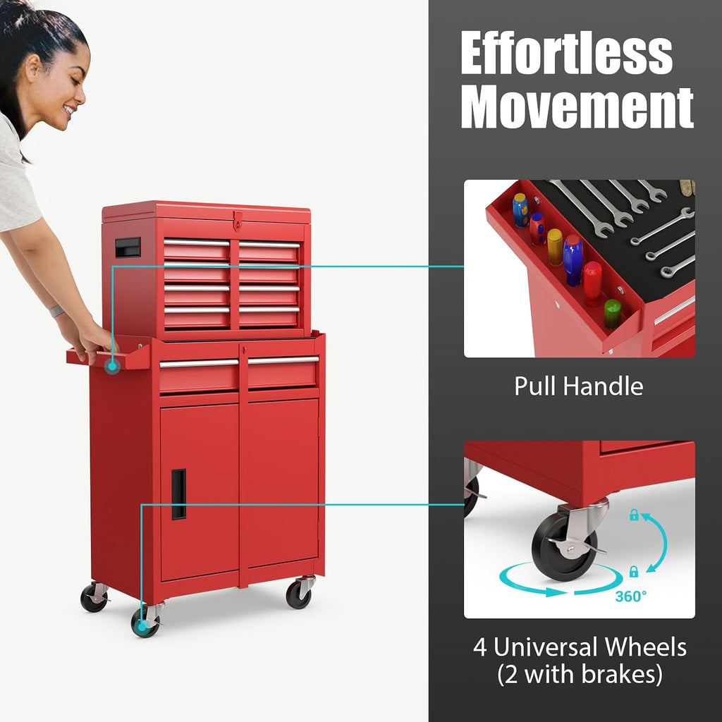 IRONMAX Rolling Tool Chest, 5-Drawer Lockable Tool Cabinet w/Adjustable Shelf & 4 Universal Wheels, 2 in 1 Detachable Tool Box Storage Organizer for Garage Workshop Repair Shop, Red