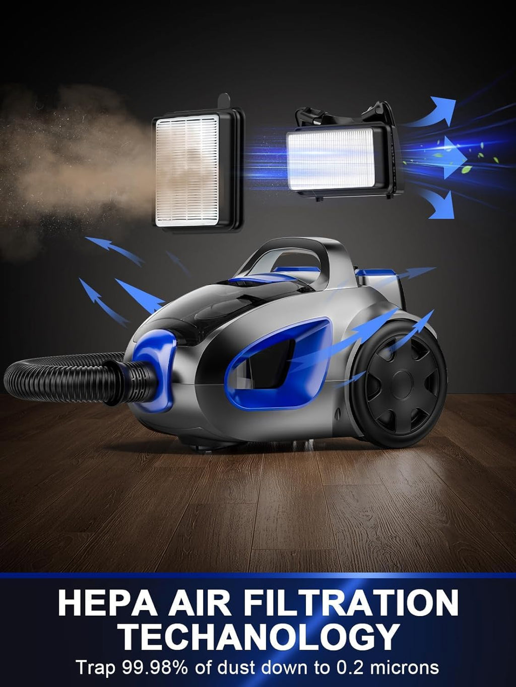 Canister Vacuum Cleaner, 40Kpa 1600W Cyclon Power Bagless Canister Vacuum Cleaners for Home, 3.7QT Large Dust Cup, Lightweight Vac for Hard Floors, Carpets, Pet Hair, Blue