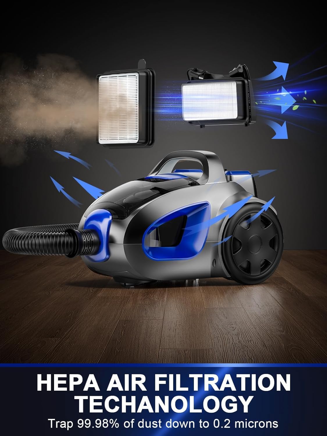 Canister Vacuum Cleaner, 40Kpa 1600W Cyclon Power Bagless Canister Vacuum Cleaners for Home, 3.7QT Large Dust Cup, Lightweight Vac for Hard Floors, Carpets, Pet Hair, Blue