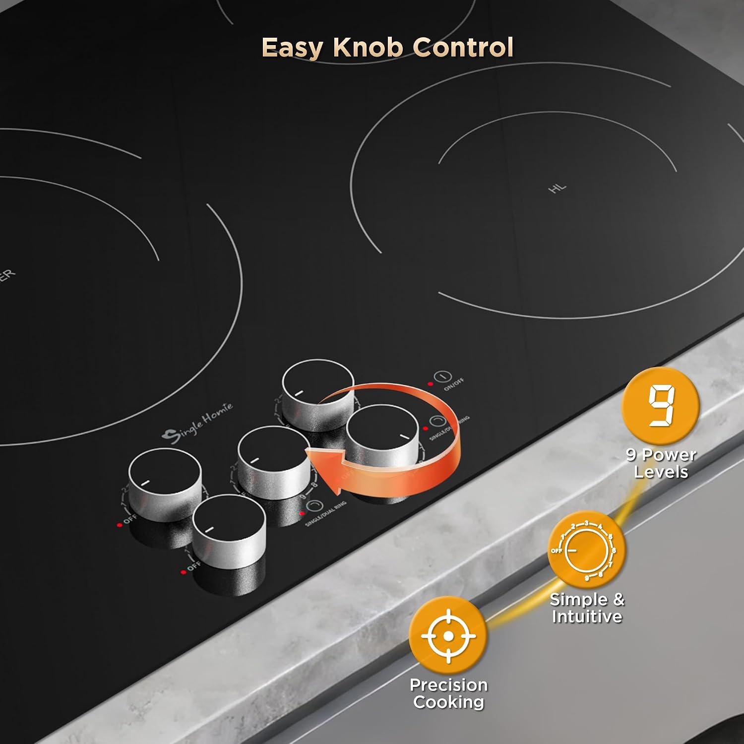 36 Inch Electric Cooktop 5 Burners, Electric Stove Top with Knob Control, Built-in Ceramic Stove, Fast Heat, 9 Heating Level, 9000W with Hard Wire for 220V~240V