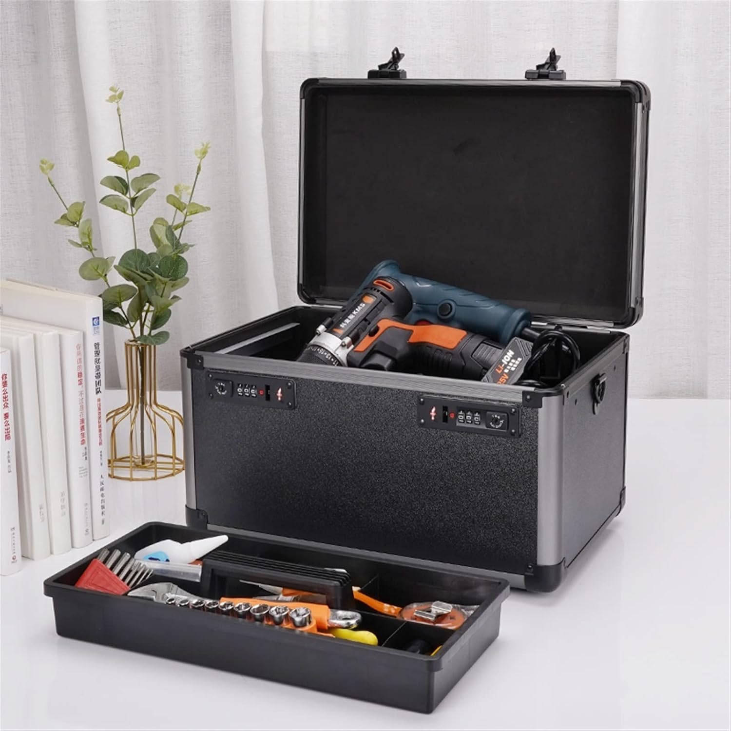 Portable Tool Box Multifunctional Tool Storage Box Portable Tool Storage Box with Removable Tray, Aluminum Tool Box with Dual Combination Lock Small Parts Box (Size : L)