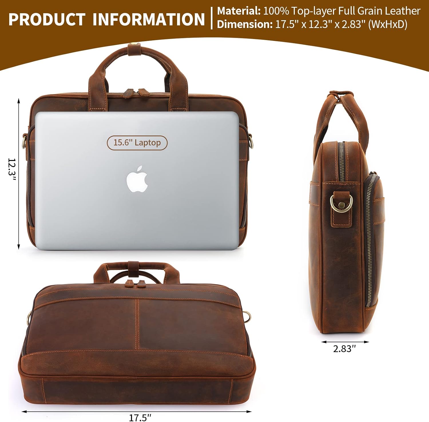 Jack&Chris Full Grain Leather Briefcase for Men, Business Messenger Bag Laptop Bag Attache Case, Fits 15.6 Inch Laptop