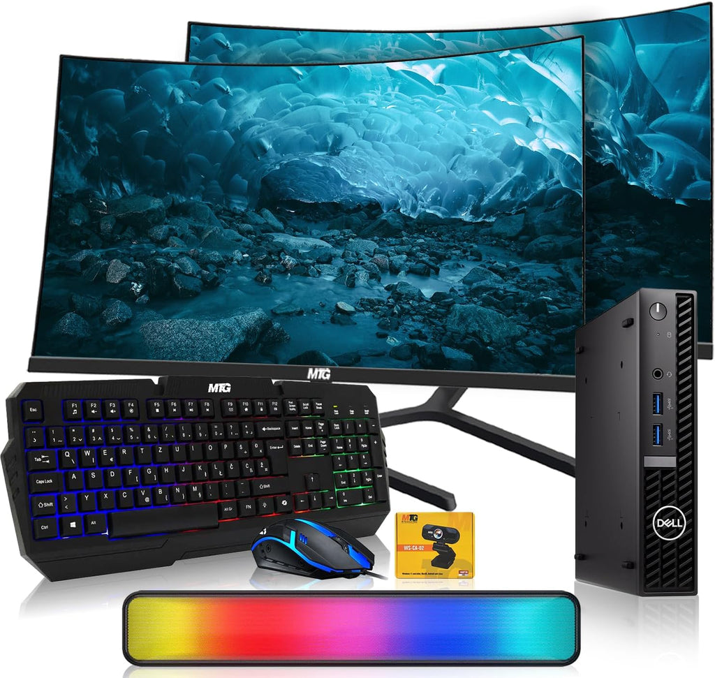 Dell Optiplex Tiny Mini Desktop PC, Intel Core i5, 32GB RAM, 1TB SSD Dual with 24 inch Curved Monitor, AI Enabled RGB Keyboard Mouse, RGB Soundbar and Webcam Windows 11 Pro (Renewed)